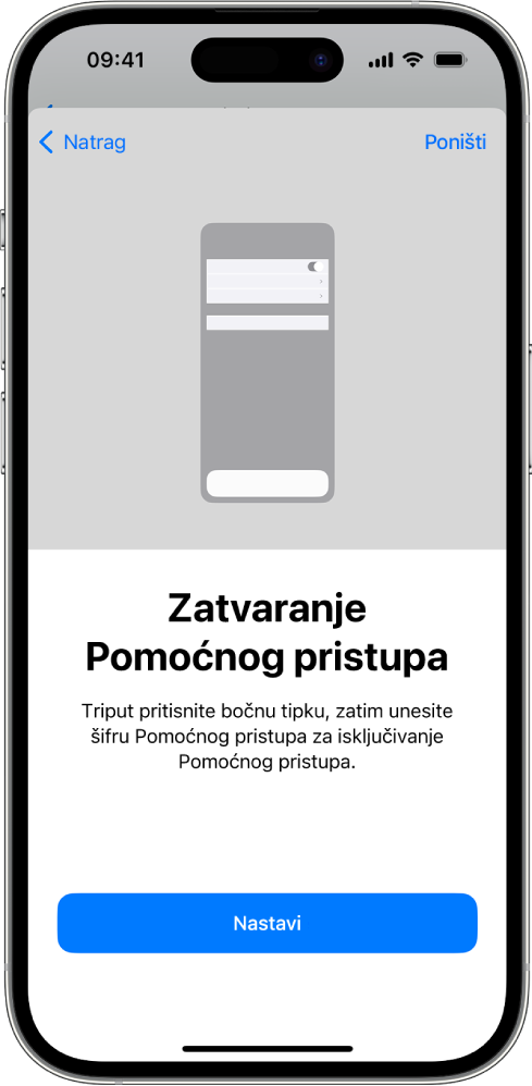 iPhone sa zaslonom koji objašnjava kako zatvoriti Pomoćni pristup.