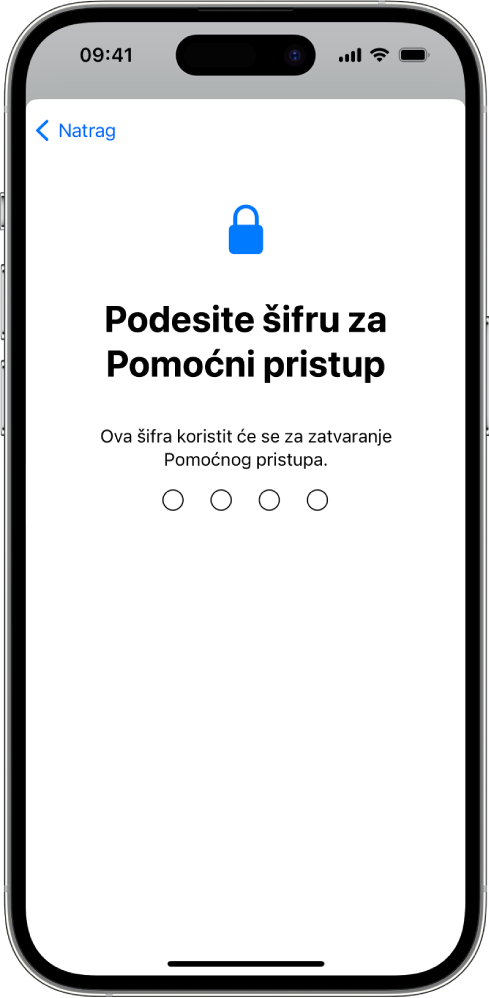 iPhone koji prikazuje zaslon za podešavanje šifre za Pomoćni pristup koja se koristi pri otvaranju i zatvaranju Pomoćnog pristupa.