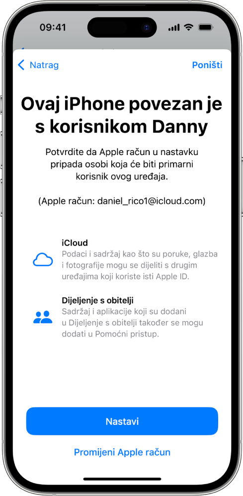 iPhone koji prikazuje Apple račun povezan s uređajem i informacije o značajkama iClouda i Dijeljenja s obitelji koje se mogu koristiti s Pomoćnim pristupom.