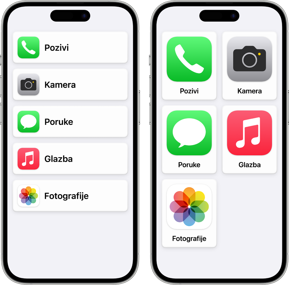 Dva zaslona iPhonea u Pomoćnom pristupu. Jedan prikazuje početni zaslon s aplikacijama navedenim u retcima. Drugi prikazuje veće aplikacije raspoređene u rešetku.