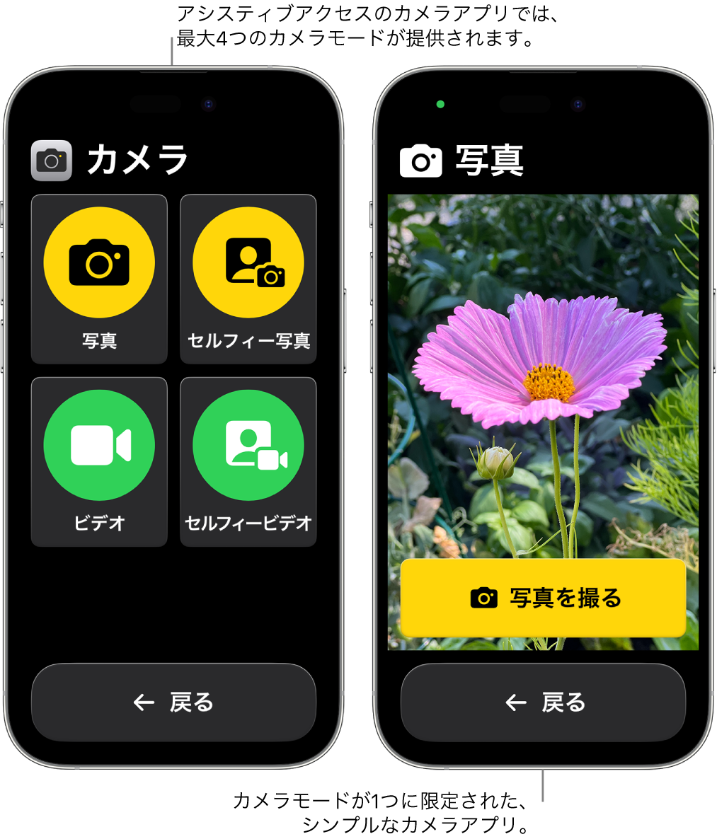 アシスティブアクセスを使用している2つのiPhoneの画面。一方のiPhoneにはカメラアプリが表示されていて、ユーザは「ビデオ」や「セルフィー写真」などのカメラモードを選択できます。もう一方のiPhoneには、1枚ずつ写真を撮影するモードのカメラアプリが表示されています。