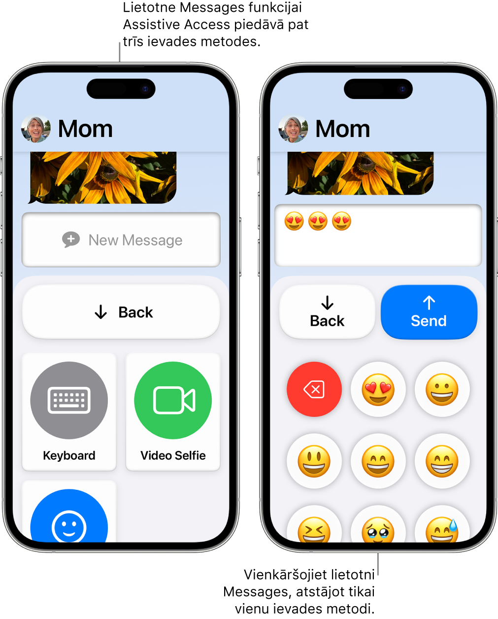 Divi iPhone tālruņu ekrāni ar aktivizētu funkciju Assistive Access. Viens iPhone tālrunis, kurā redzama lietotne Messages ar ievades metodēm, ko lietotājs var izvēlēties, piemēram, Keyboard vai Video Selfie. Otrā tālrunī redzams ziņojums, kas tiek sūtīts, izmantojot tastatūru, kurā ir tikai emocijzīmes.