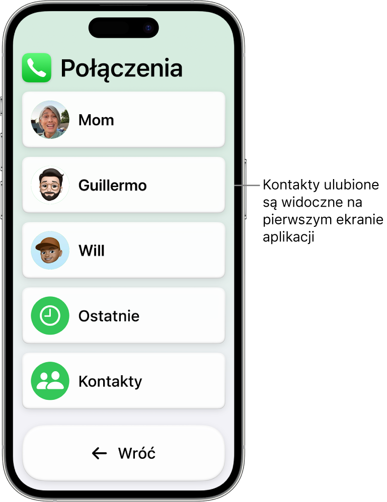 iPhone z trybem Dostęp wspomagany i otwartą aplikacją Połączenia wyświetlającą jest lista zdjęć i nazwisk kontaktów.