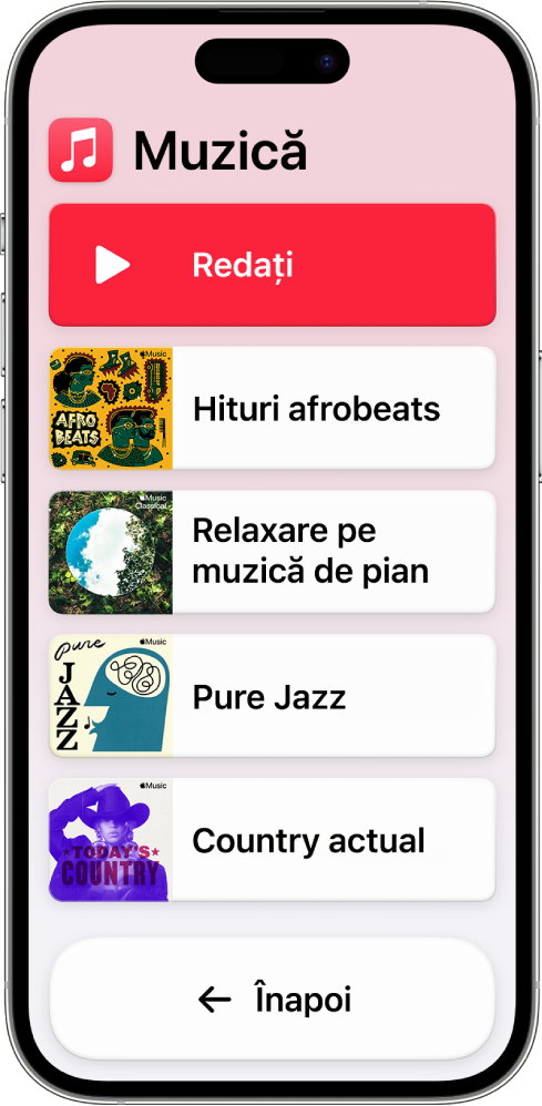 Un iPhone în modul Acces asistiv cu aplicația Muzică deschisă. Butonul de redare se află în partea de sus a ecranului și butonul Înapoi este în partea de jos. O listă cu liste de redare umple partea din mijloc a ecranului.