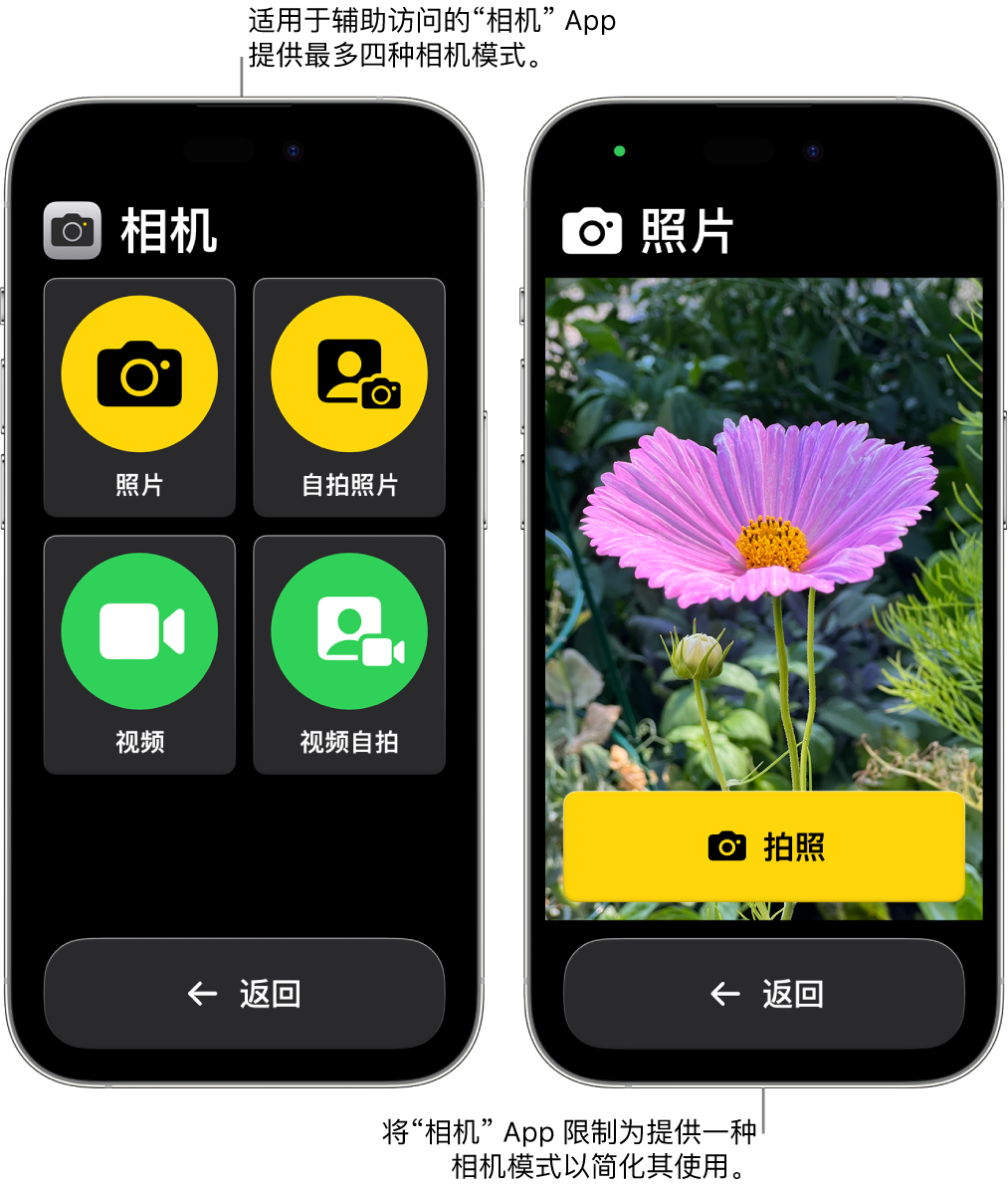 处于辅助访问模式的两个 iPhone 屏幕。其中一台 iPhone 上的“相机” App 显示可供用户选取的相机模式，如“视频自拍”或“自拍照片”。另一台 iPhone 上的“相机” App 显示用于拍摄照片的单个模式。