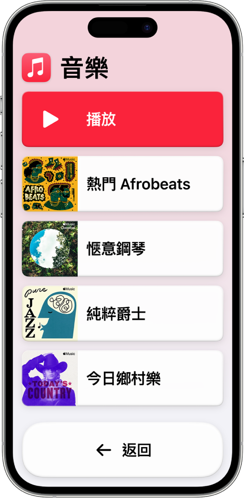 進入「自訂輔助取用」且打開「音樂」App 的 iPhone。「播放」按鈕位於螢幕最上方，「返回」按鈕位於底部。以列表顯示的播放列表填滿螢幕中央。