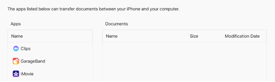 The Numbers app in the Files window showing three files that have been synced to a device.