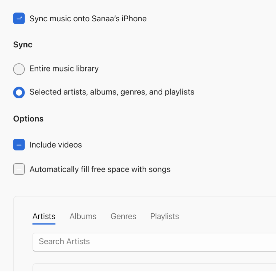 La fenêtre Appareils Apple qui affiche l’option de synchronisation pour la musique.