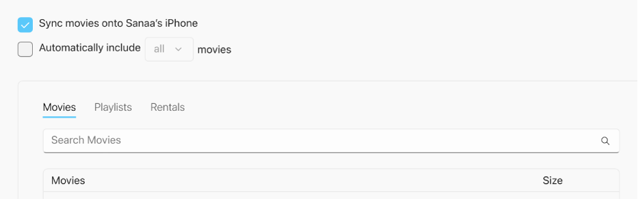 A opção “Sincronizar filmes em [dispositivo]” está selecionada. Abaixo, a opção “Incluir automaticamente” está selecionada e “tudo” foi escolhido no menu local.