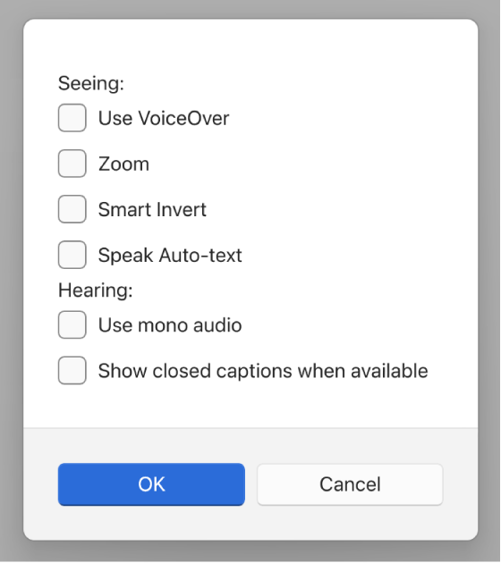 Recursos de acessibilidade no app Dispositivos Apple, mostrando opções para Usar VoiceOver, Zoom, Inversão Inteligente, Falar texto automático, “Usar áudio mono” e “Mostrar legendas opcionais quando disponíveis”.