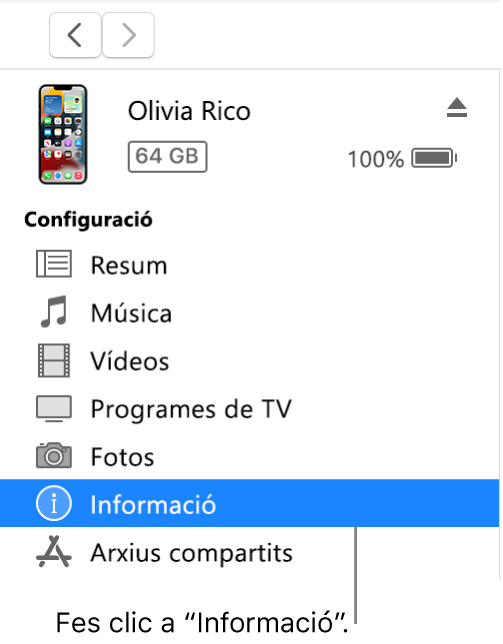 La finestra del dispositiu amb l’opció “Informació” seleccionada a la barra lateral.