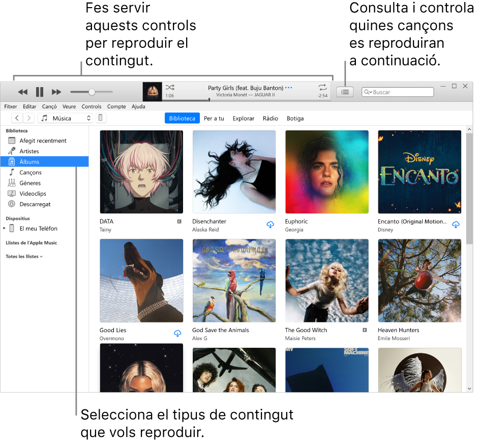 Finestra principal de la biblioteca de l’iTunes: al navegador, selecciona el tipus de contingut que vols reproduir (com ara música). Utilitza els controls de la cinta que hi ha a la part superior per reproduir el contingut i fes servir el menú desplegable “A continuació” situat a la dreta per veure la biblioteca de diferents maneres.