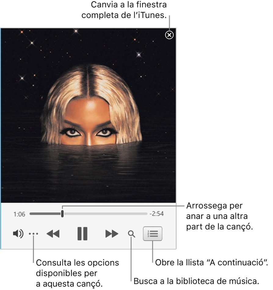 El minireproductor expandit amb els controls de la cançó que s’està reproduint. A la cantonada superior dreta hi ha el botó de tancar, que s’utilitza per canviar a la finestra completa de l’iTunes. A la part inferior de la finestra hi ha un regulador que pots arrossegar per anar a una part diferent de la cançó. A sota del regulador, a l’esquerra, hi ha el botó Més, on pots triar les opcions de visualització i altres opcions de la cançó que s’està reproduint. A l’extrem dret, a sota del regulador, hi ha dos botons; la lupa serveix per fer cerques a la biblioteca musical i “A continuació” per veure què es reproduirà després.