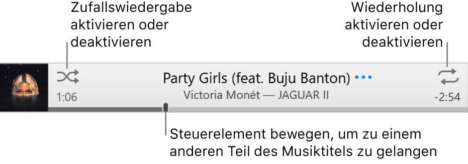Das Banner mit dem laufenden Titel Die Schaltfläche „Zufällige Wiedergabe“ befindet sich oben links, die Schaltfläche „Wiederholen“ oben rechts. Ziehe das Navigationswerkzeug, um zu einer bestimmten Stelle eines Titels zu gelangen.