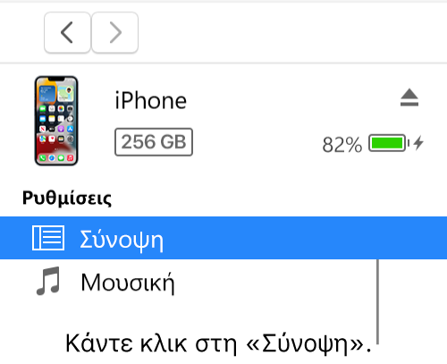 Το παράθυρο «Συσκευή», με επιλεγμένη τη «Σύνοψη» στην πλαϊνή στήλη.