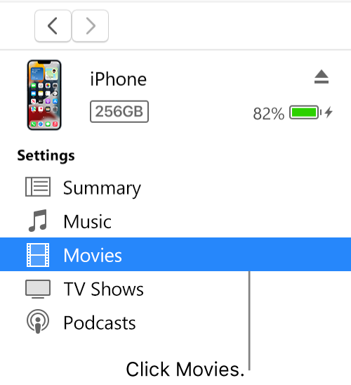 The Device window, with Movies selected in the sidebar.