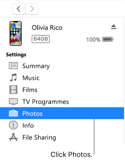 The Device window, with Photos selected in the sidebar.