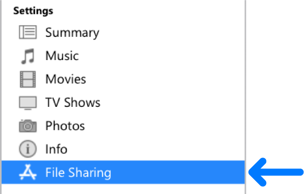 In the device Settings, click File Sharing to transfer files between your computer and device.