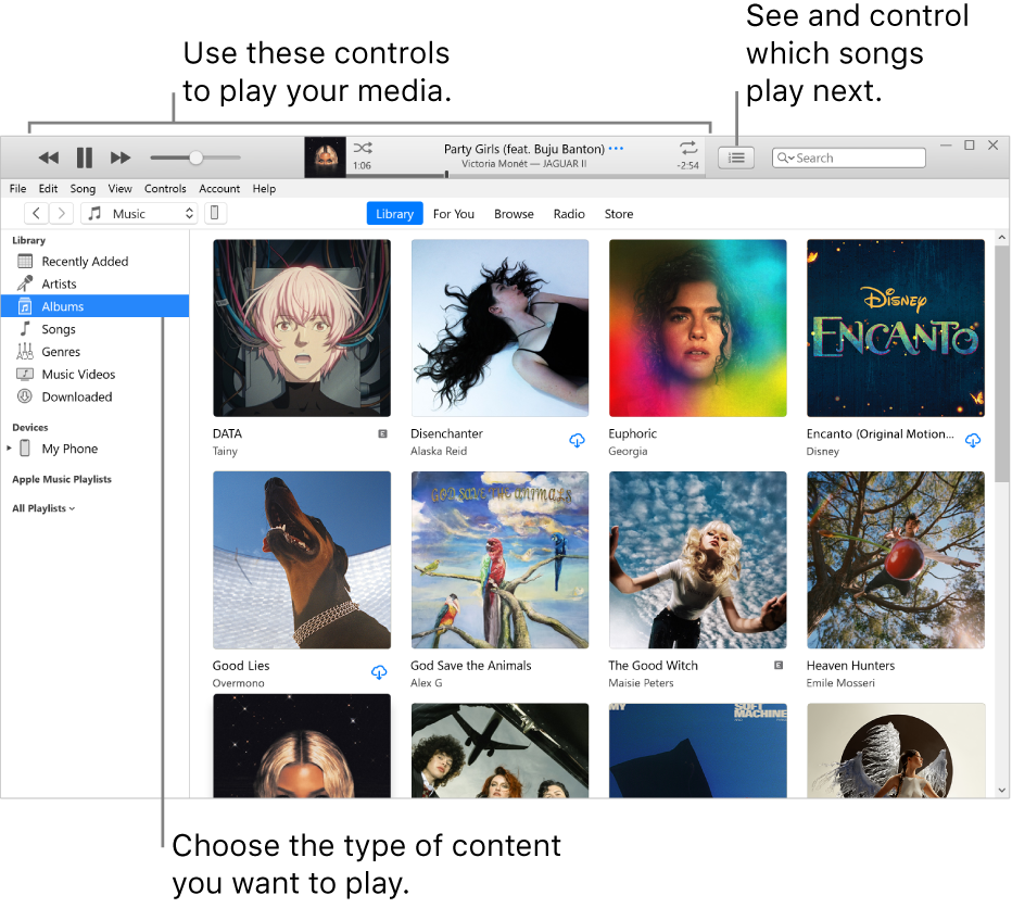 The iTunes Library main window: In the navigator, choose the type of media to play (such as Music). Use the controls in the banner at the top to play your media, and use the Up Next pop-up menu on the right to view your library in different ways.