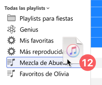 Un álbum que se arrastra a una playlist. La playlist está resaltada con un rectángulo azul.