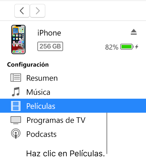 La ventana Dispositivo con la opción Películas seleccionada en la barra lateral.