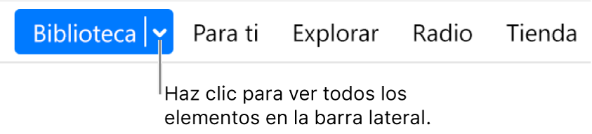 El botón Biblioteca en la barra de navegación, mostrando el menú desplegable has clic en él para acceder a todos los elementos de la barra lateral cuando la ocultes.