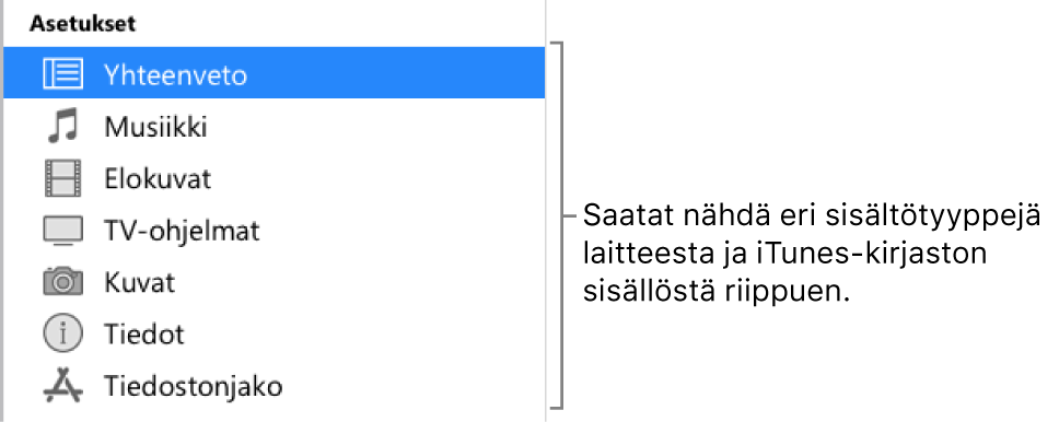 Yhteenveto on valittuna sivupalkissa. Käyttämäsi laite ja iTunes-kirjastosi sisältö voivat vaikuttaa näkyvään sisältötyyppiin.