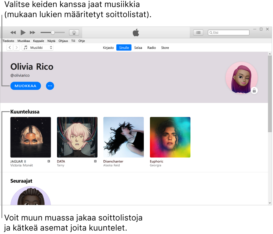 Profiilisivu Apple Musicissa: Klikkaamalla vasemmassa yläkulmassa nimesi alla Muokkaa voit valita, kenelle jaat musiikkia. Kaikki kuuntelemasi albumit näkyvät Kuuntelee-otsakkeen alla, ja klikkaamalla kohdetta hiiren kakkospainikkeella voit muun muassa kätkeä kohteen seuraajiltasi tai jakaa sen.