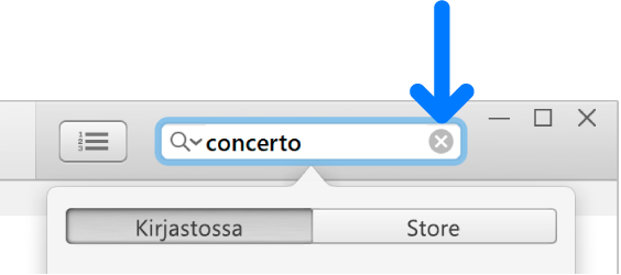 Hakukenttä, johon on kirjoitettu hakuteksti; poistopainike on kentän oikealla puolella.