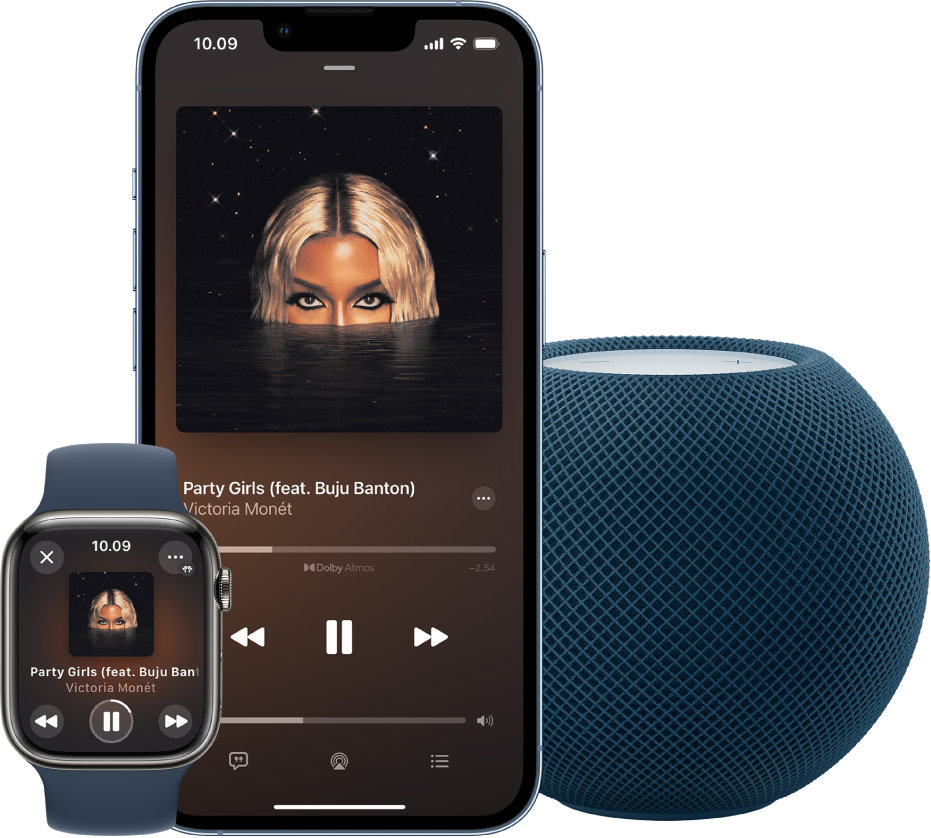 Näkymä Apple Musicin Apple Watchissa, iPhonessa ja HomePod minissä toistettavasta kappaleesta.