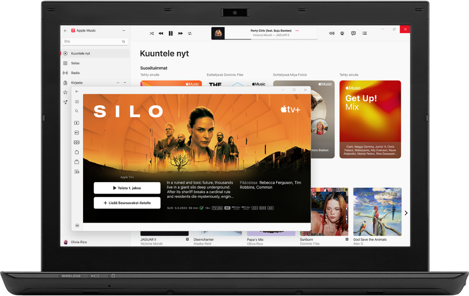 PC, jossa Apple TV- ja Apple Music -sovellukset ovat avoinna.