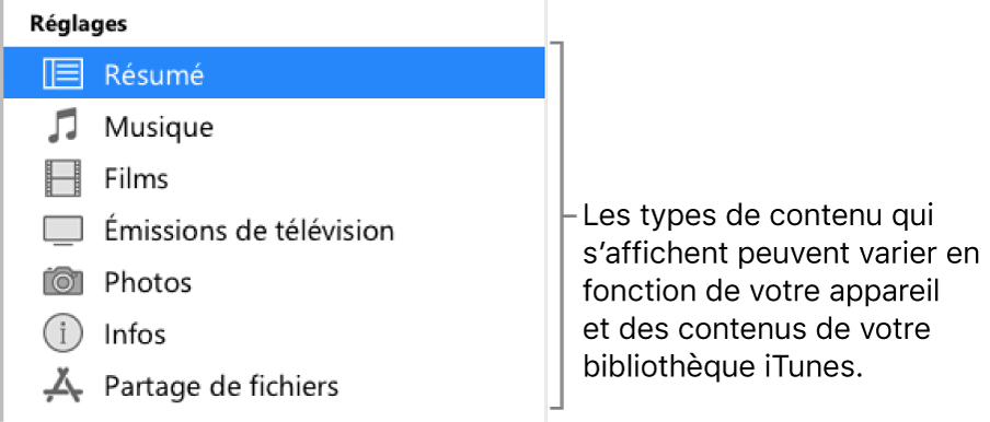 L’option Résumé est sélectionnée dans la barre latérale. Les types de contenu qui s’affichent peuvent varier en fonction de votre appareil et des contenus de votre bibliothèque iTunes.