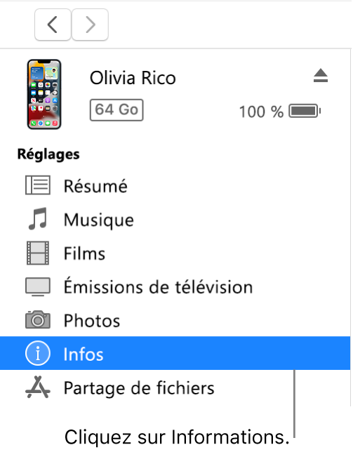 La fenêtre Appareil et l’option Infos sélectionnée dans la barre latérale.