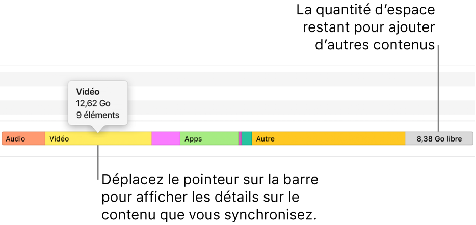 Placez le pointeur sur la barre en bas de la fenêtre pour afficher des informations détaillées sur le contenu que vous synchronisez, ainsi que sur l’espace restant pour l’ajout de contenu.