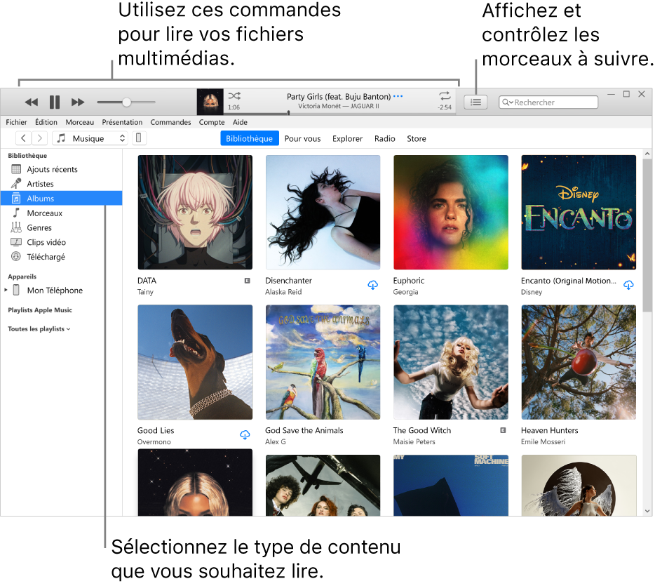 La fenêtre principale de la bibliothèque iTunes : Dans le navigateur, choisissez le type de contenus multimédias à lire (tel que Musique). Utilisez les commandes de la bannière située en haut pour lire votre contenu multimédia, et utilisez le menu local Liste d’attente sur la droite pour voir votre bibliothèque de différentes manières.