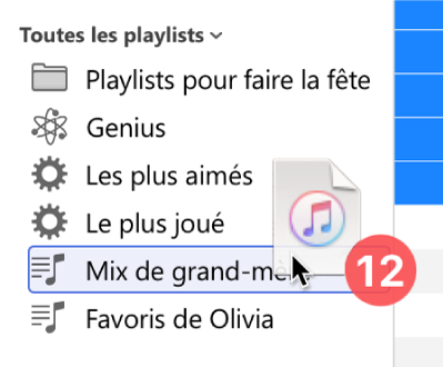 Album déplacé vers une playlist. La playlist est mise en évidence par un rectangle bleu.