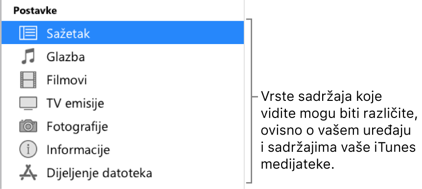 Sažetak je u rubnom stupcu. Prikazane vrste sadržaja mogu varirati, ovisno o vašem uređaju i sadržaju vaše iTunes medijateke.