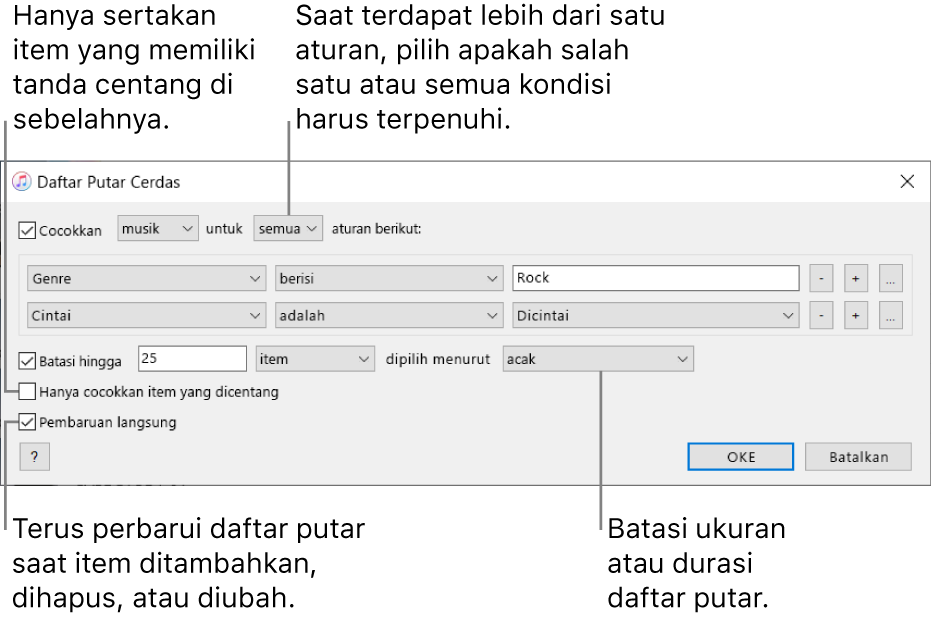 Jendela Daftar Putar Cerdas: Di pojok kiri atas, pilih Match, lalu tentukan kriteria daftar putar (seperti genre atau cinta). Terus tambahkan atau hapus aturan; saat terdapat lebih dari satu aturan, pilih apakah salah satu atau semua kondisi harus dipenuhi. Pilih beragam opsi di bagian bawah jendela seperti pembatasan ukuran atau durasi daftar putar, termasuk hanya lagu yang dicentang atau membuat iTunes memperbarui daftar putar menjadi item di perubahan perpustakaan Anda.