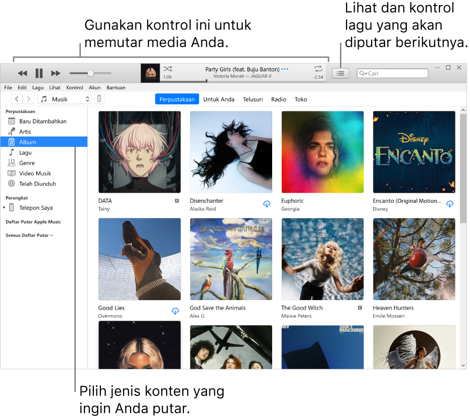 Jendela utama Perpustakaan iTunes: Di navigator, pilih jenis media untuk diputar (seperti Musik). Gunakan kontrol di spanduk pada bagian atas untuk memutar media, dan gunakan menu pop-up Berikutnya di sebelah kanan untuk melihat perpustakaan dengan cara yang berbeda.