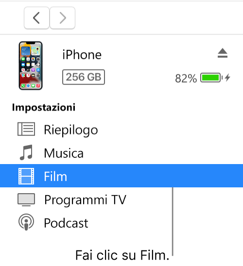 La finestra Dispositivo, con la voce Film selezionata nella barra laterale.