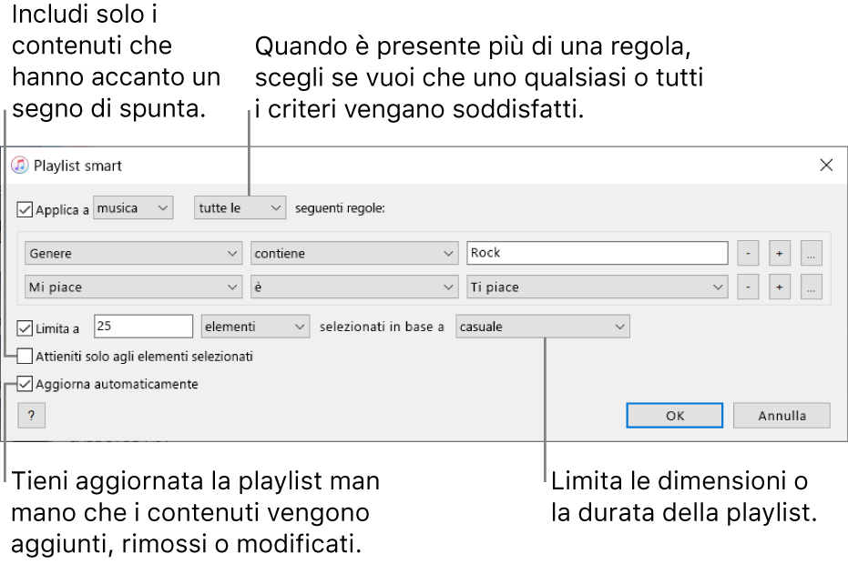 Finestra playlist smart: nell’angolo in alto a sinistra, seleziona Utilizza, quindi specifica i criteri della playlist (ad esempio, genere o preferenza). Continua ad aggiungere o a rimuovere le regole; quando è presente più di un criterio, scegli se vuoi che vengano soddisfatte una qualsiasi o tutte le condizioni. Seleziona varie opzioni nella parte inferiore della finestra, ad esempio limitare le dimensioni o la durata della playlist, includendo solo i brani che sono selezionati o fare in modo che iTunes aggiorni la playlist mentre gli elementi nella tua libreria cambiano.