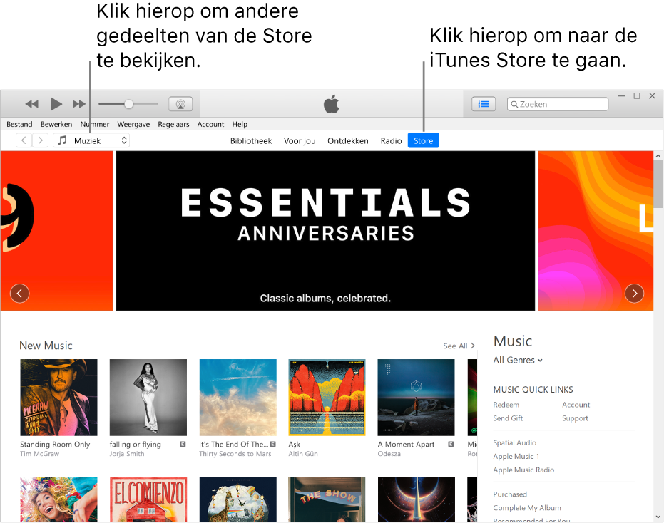 Het hoofdvenster van de iTunes Store: 'Store' is gemarkeerd in de navigatiebalk. In de linkerbovenhoek kun je aangeven of je andere inhoud (zoals 'Muziek' of 'Tv') in de Store wilt weergeven.