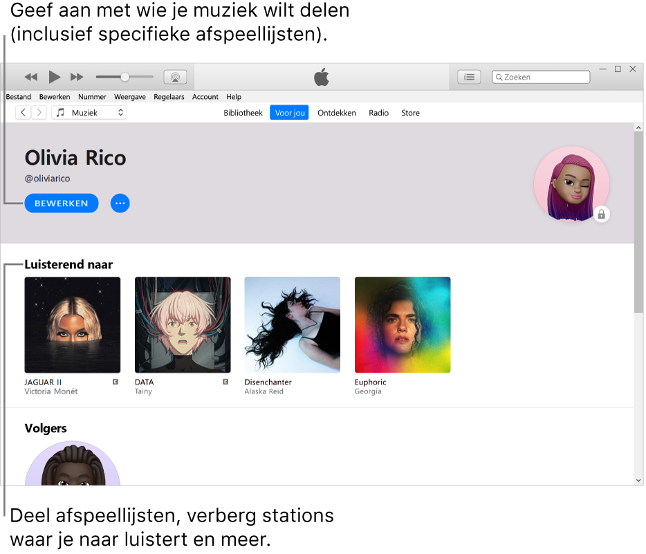 De profielpagina in Apple Music: Klik linksbovenin onder je naam op de knop 'Bewerken' om aan te geven met wie je muziek wilt delen. Onder het kopje 'Luisterend naar' staan alle albums waar je naar luistert. Je kunt met de rechtermuisknop op een onderdeel klikken en het bijvoorbeeld voor je volgers verbergen of het onderdeel delen.