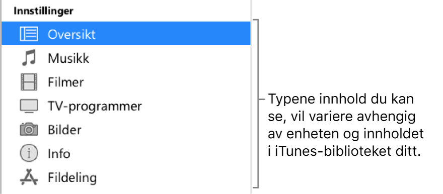 Oversikt er markert i sidepanelet. De ulike typene innhold som vises, avhenger av enheten og innholdet i iTunes-biblioteket ditt.
