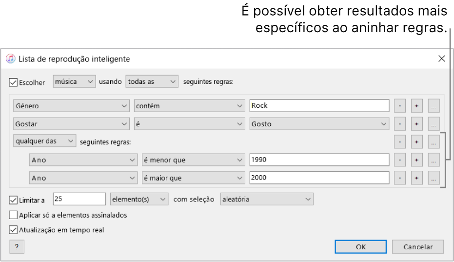 A janela da lista inteligente: Use o botão Aninhar à direita para criar regras adicionais aninhadas para obter resultados mais específicos.