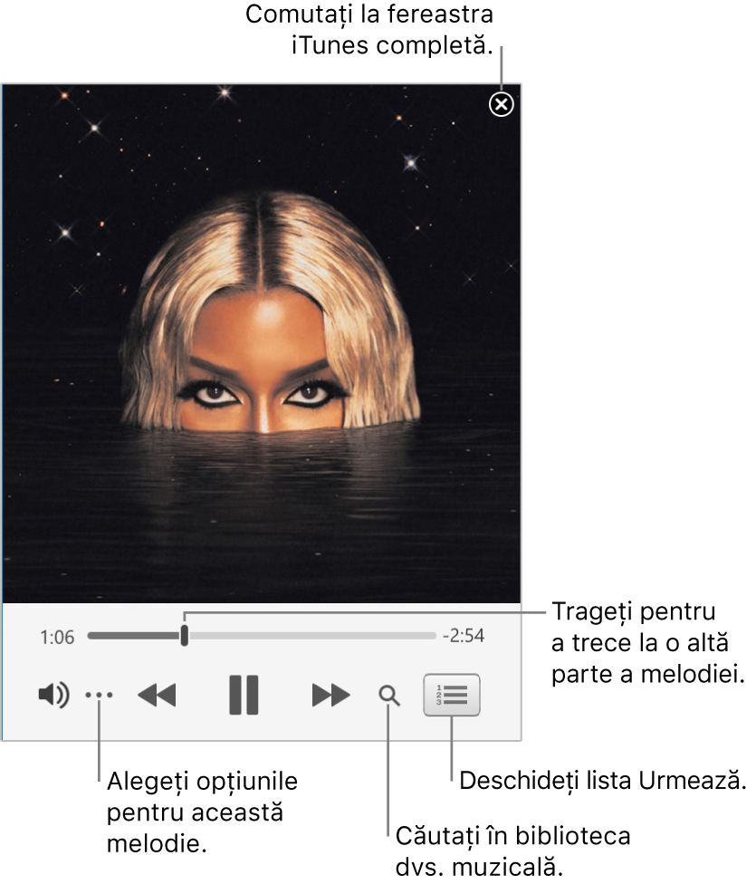 Mini-playerul extins, prezentând comenzile pentru melodia în curs de redare. În colțul din dreapta sus se află butonul de închidere, utilizat pentru comutarea la fereastra iTunes completă. În partea de jos a ferestrei se află un glisor pe care îl puteți trage pentru a trece la o altă parte a melodiei. Sub glisor, în partea stângă, se află butonul Mai multe, de unde puteți selecta opțiunile de vizualizare și alte opțiuni pentru melodia în curs de redare. În partea dreaptă extremă, sub glisor, se află două butoane: lupa, folosită pentru a căuta în biblioteca muzicală, și lista Urmează, unde puteți vedea ce se va reda în continuare.