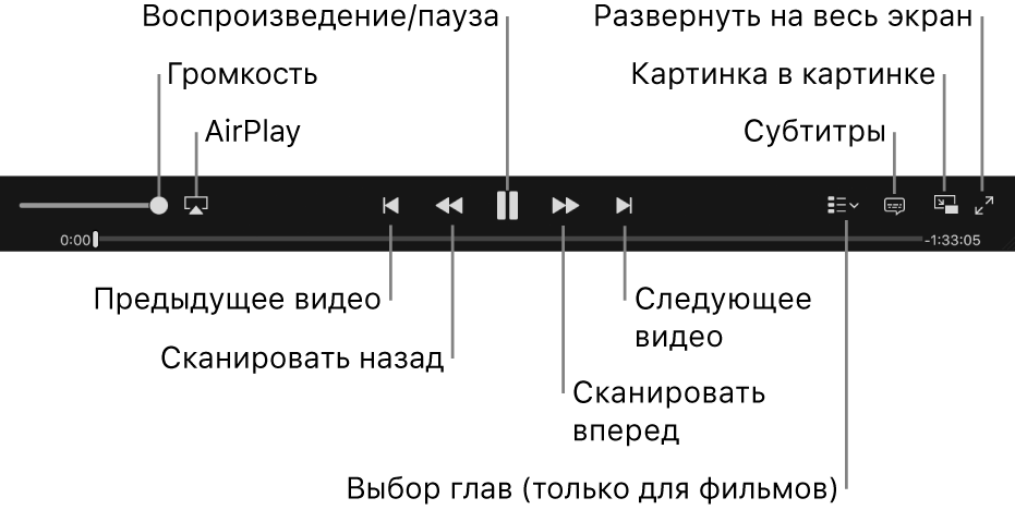Элементы управления видео: Громкость, AirPlay, Предыдущее видео, Сканировать назад, Воспроизведение/Пауза, Сканировать вперед, Следующее видео, Выбор глав (только для фильмов), Субтитры, Картинка в картинке, Во весь экран.