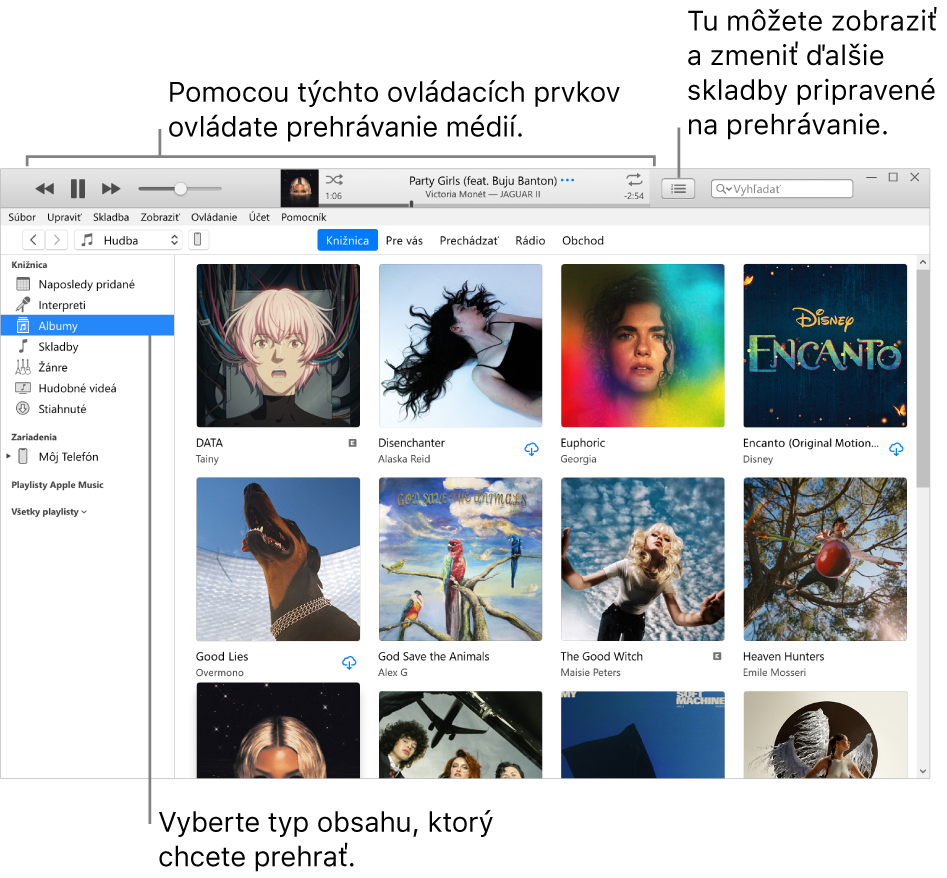 Hlavné okno knižnice iTunes: V navigátore vyberte typ média, ktoré chcete prehrávať (napríklad Hudba). Pomocou ovládacích prvkov na banneri v hornej časti môžete prehrávať svoje médiá a pomocou vyskakovacieho menu Nasleduje, ktoré sa nachádza na pravej strane, môžete zobrazovať svoju knižnicu rôznymi spôsobmi.