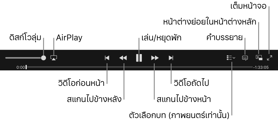 ตัวควบคุมวิดีโอ: ระดับเสียง, AirPlay, วิดีโอก่อนหน้า, สแกนกลับ, เล่น/หยุดพัก, สแกนไปข้างหน้า, วิดีโอถัดไป, ตัวเลือกบท (สำหรับภาพยนตร์เท่านั้น), คำบรรยาย, หน้าต่างรูปภาพข้างในรูปภาพ และโหมดเต็มหน้าจอ