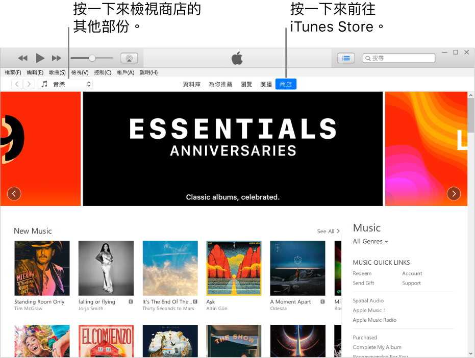 iTunes Store 主視窗：在導覽列中，「商店」已反白標示。在左上角，選擇以在「商店」中檢視不同內容（例如「音樂」或「電視」）。